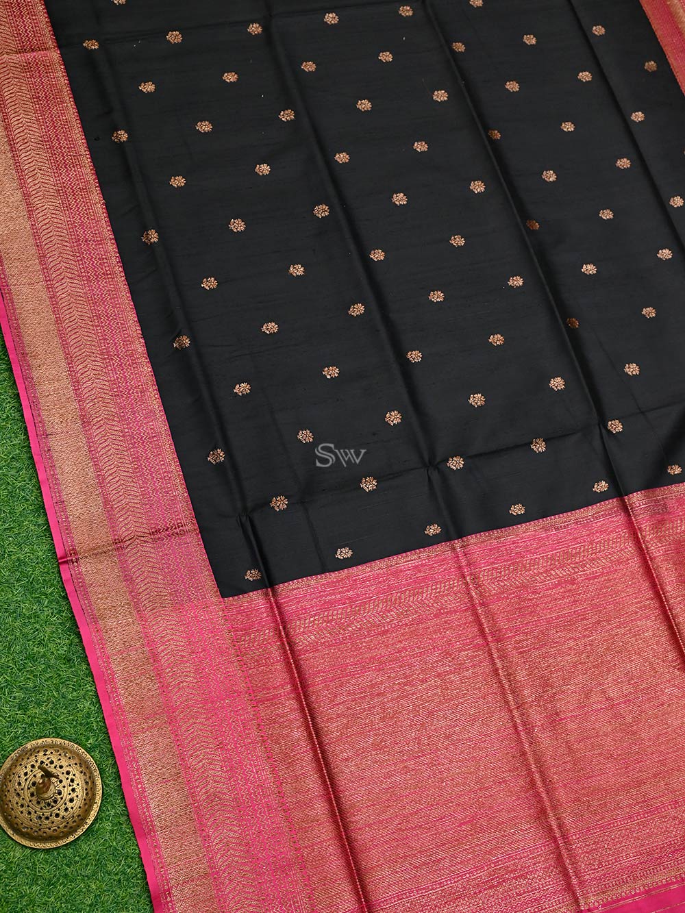 Black Booti Dupion Silk Handloom Banarasi Saree - Sacred Weaves