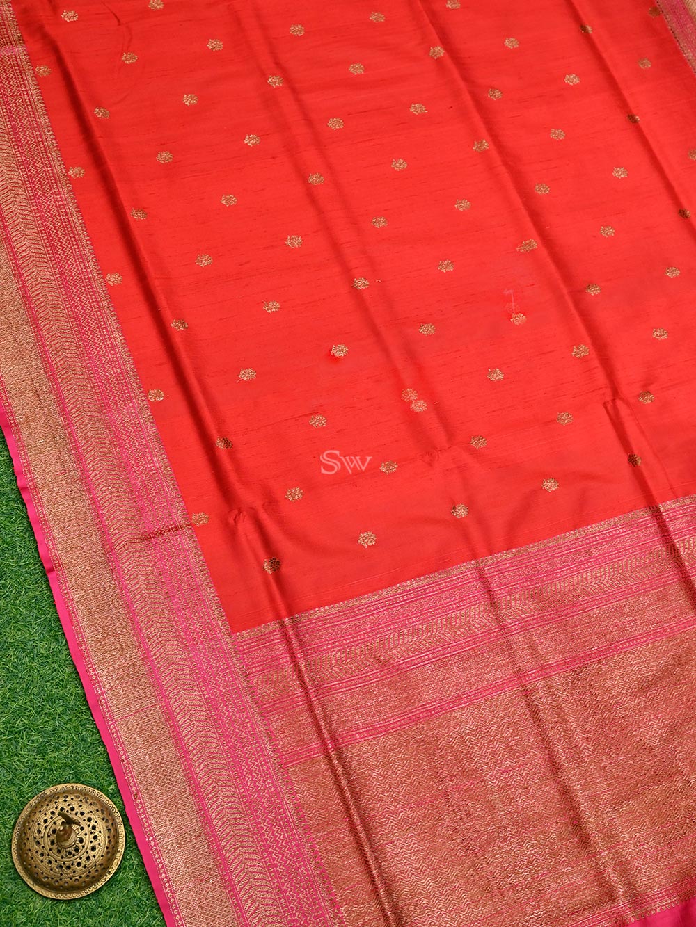 Red Booti Dupion Silk Handloom Banarasi Saree - Sacred Weaves