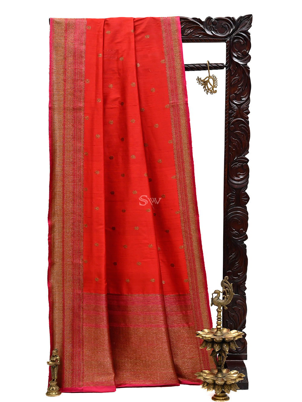 Red Booti Dupion Silk Handloom Banarasi Saree - Sacred Weaves