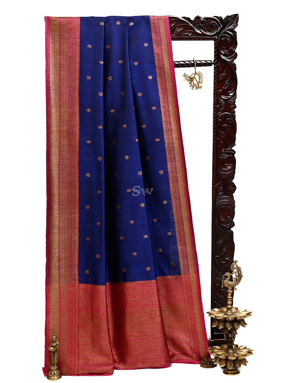 Blue Booti Dupion Silk Handloom Banarasi Saree - Sacred Weaves