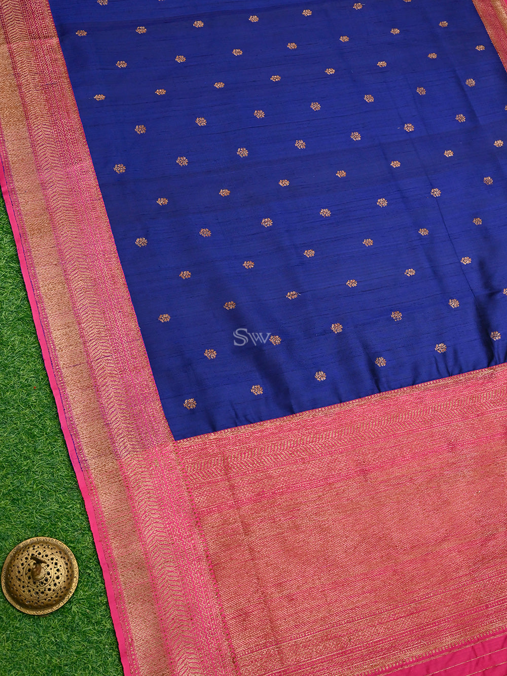 Blue Booti Dupion Silk Handloom Banarasi Saree - Sacred Weaves