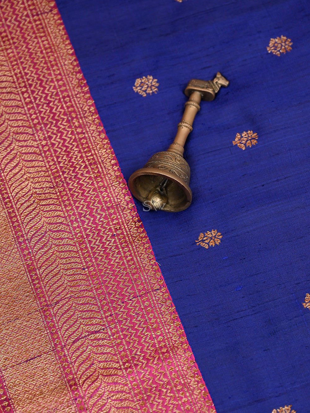 Blue Booti Dupion Silk Handloom Banarasi Saree - Sacred Weaves