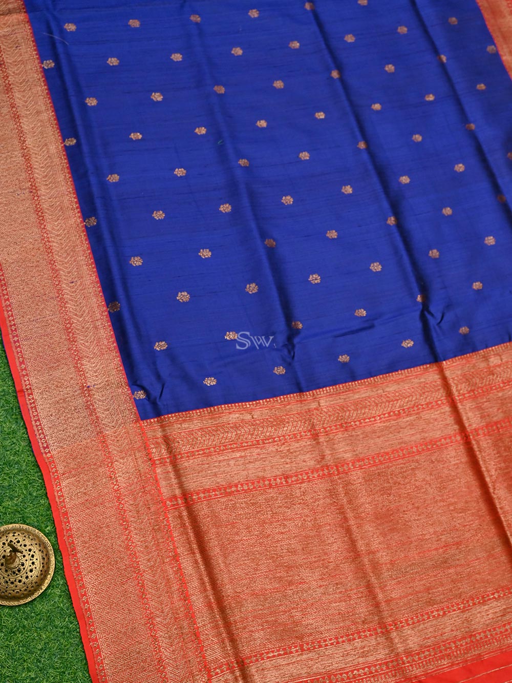 Blue Booti Dupion Silk Handloom Banarasi Saree - Sacred Weaves