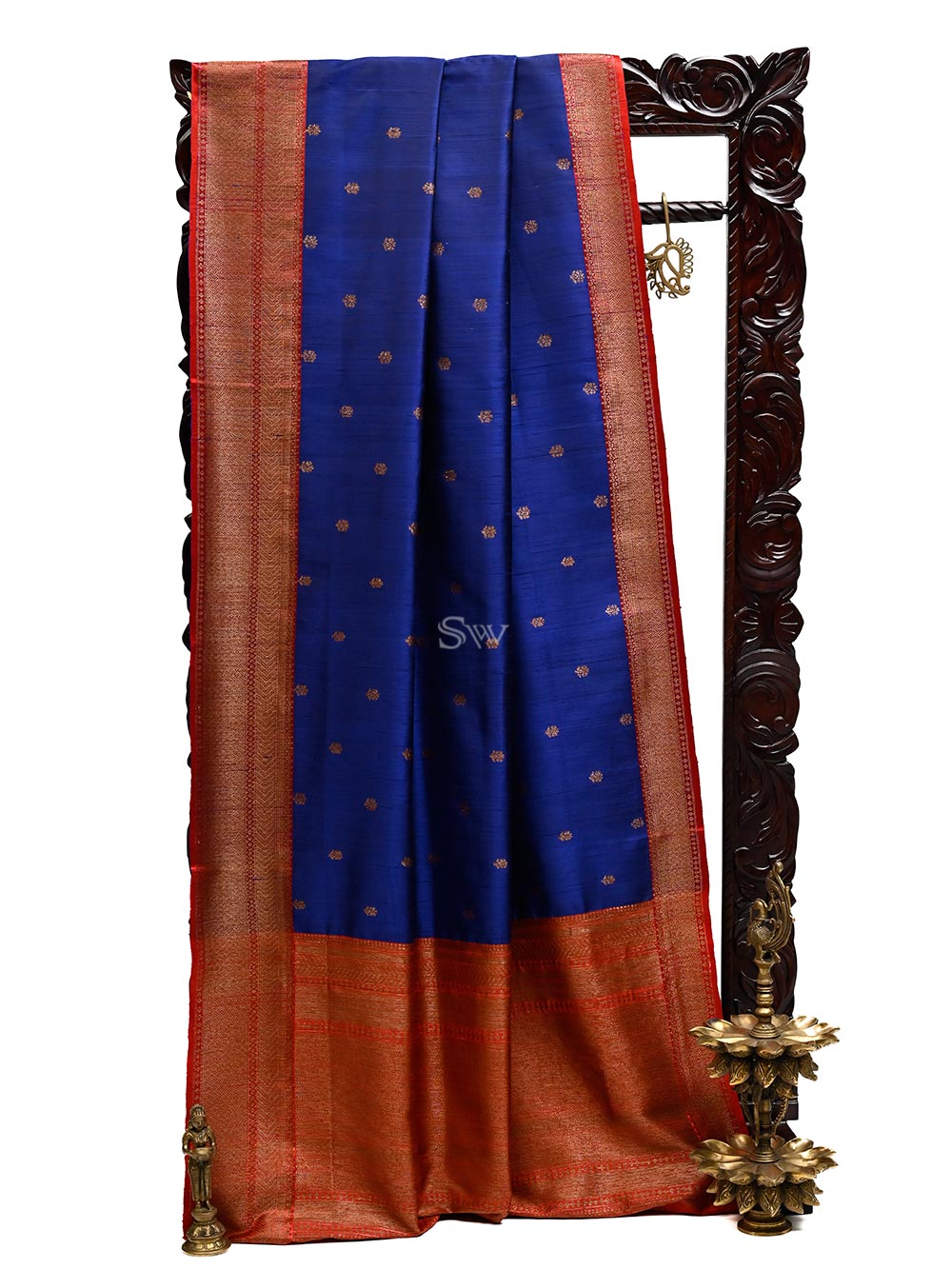Blue Booti Dupion Silk Handloom Banarasi Saree - Sacred Weaves
