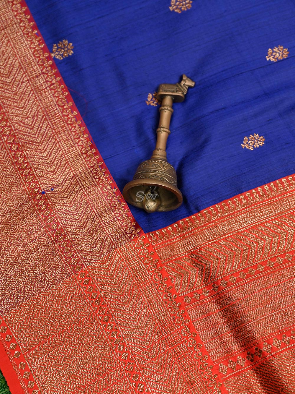 Blue Booti Dupion Silk Handloom Banarasi Saree - Sacred Weaves