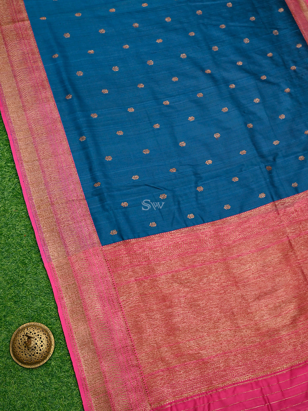 Midnight Blue Booti Dupion Silk Handloom Banarasi Saree - Sacred Weaves