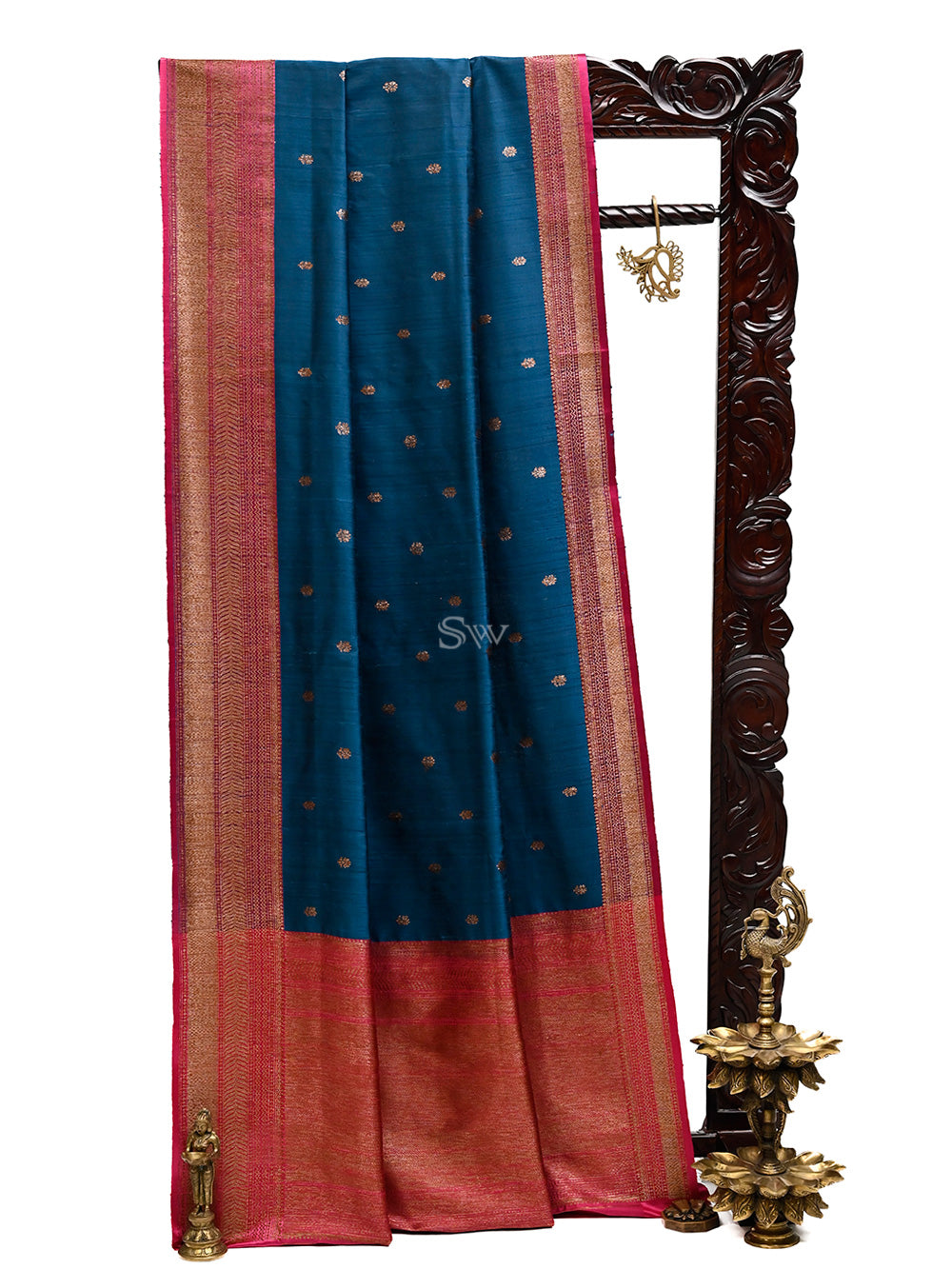 Midnight Blue Booti Dupion Silk Handloom Banarasi Saree - Sacred Weaves