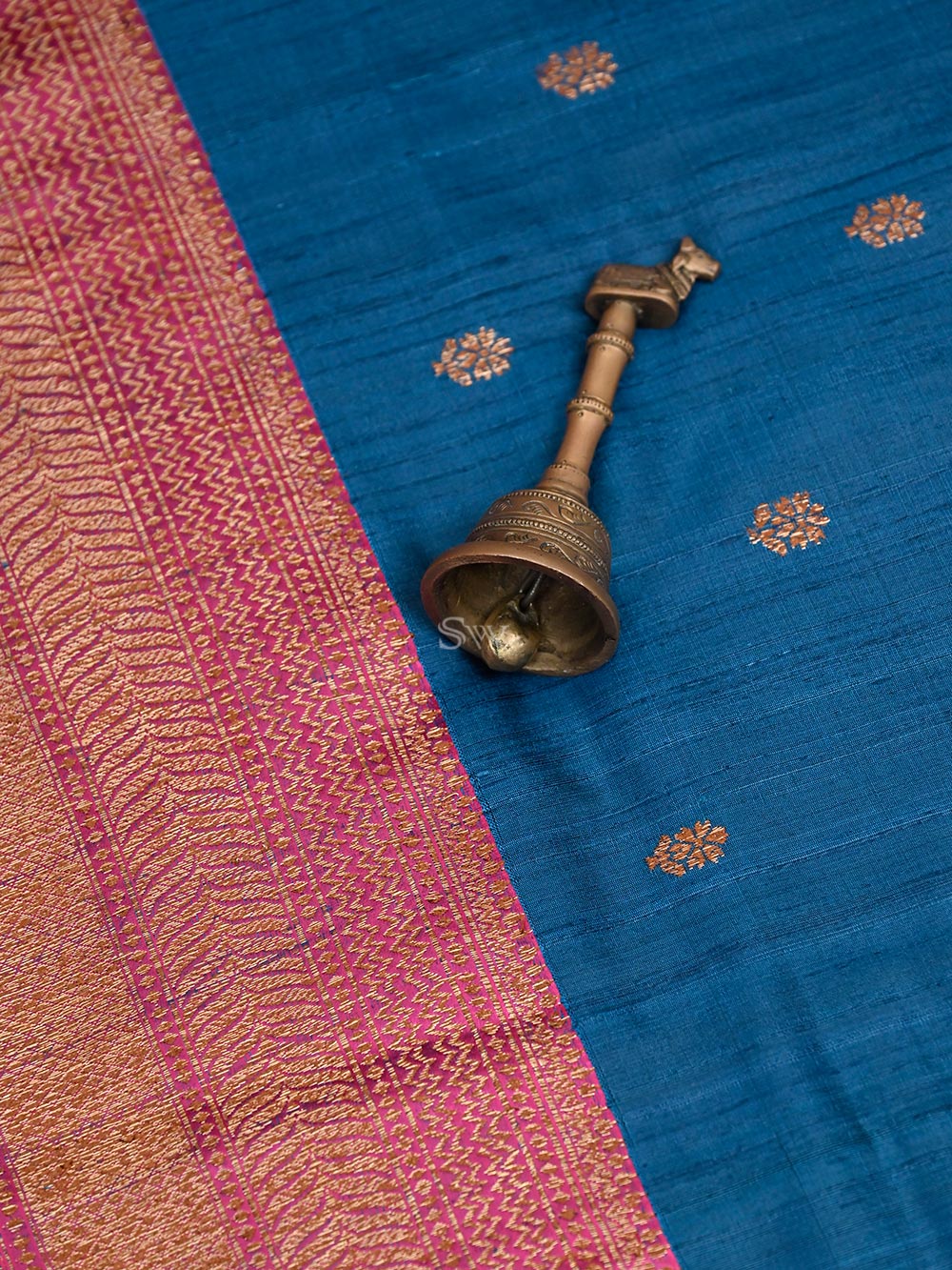 Midnight Blue Booti Dupion Silk Handloom Banarasi Saree - Sacred Weaves