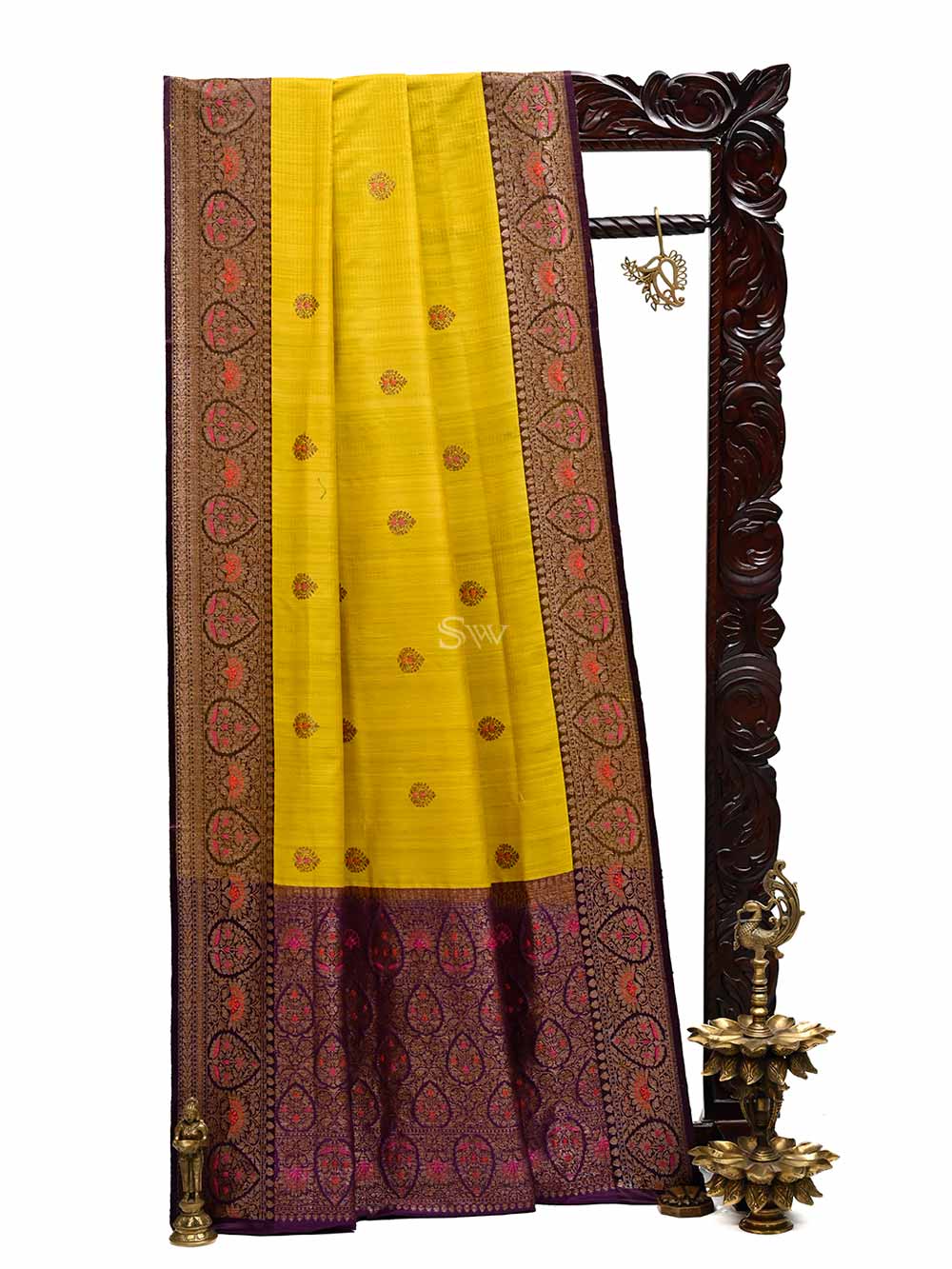 Yellow Meenakari Boota Dupion Silk Handloom Banarasi Saree - Sacred Weaves