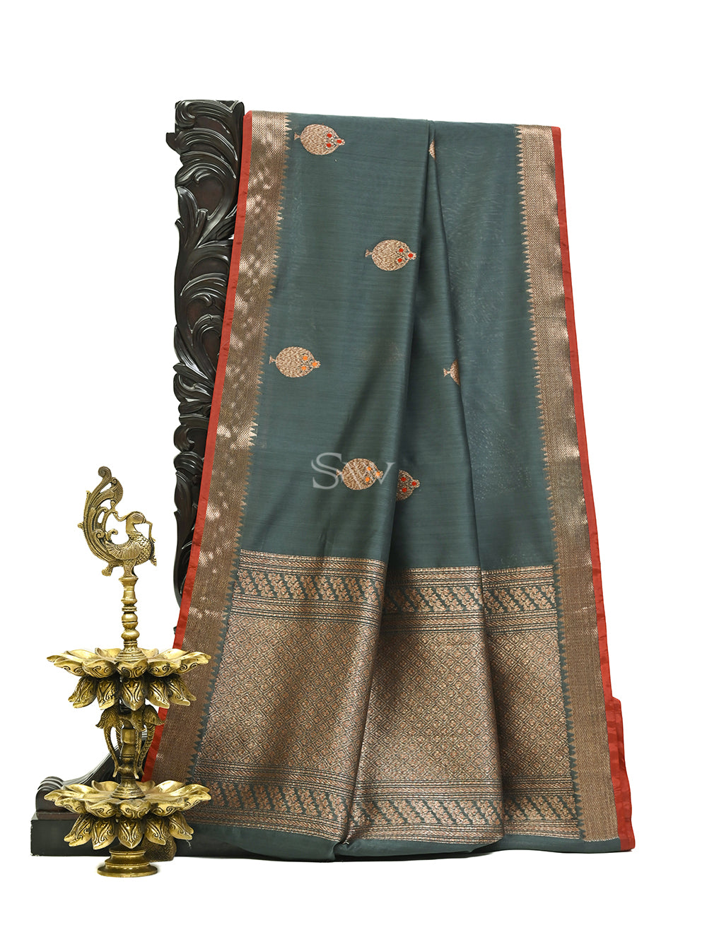 Dark Grey Boota Chanderi Silk Handloom Banarasi Saree - Sacred Weaves