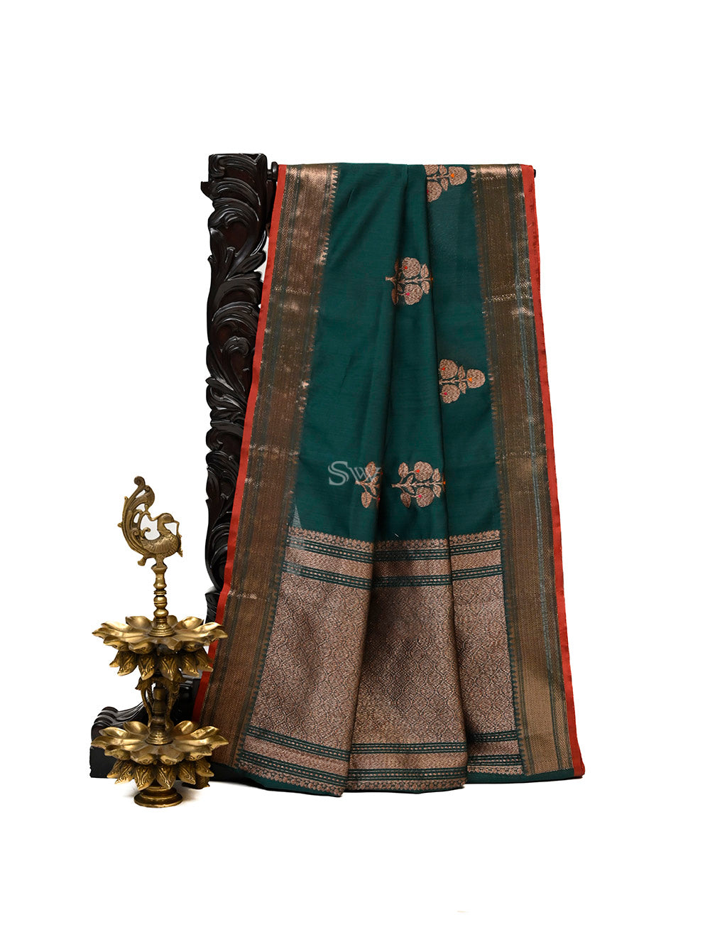Bottle Green Boota Chanderi Silk Handloom Banarasi Saree - Sacred Weaves