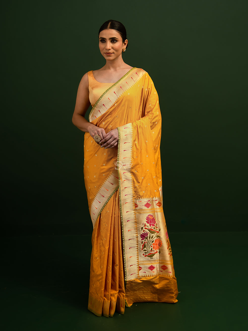 Mustard Paithani Katan Silk Handloom Banarasi Saree - Sacred Weaves 