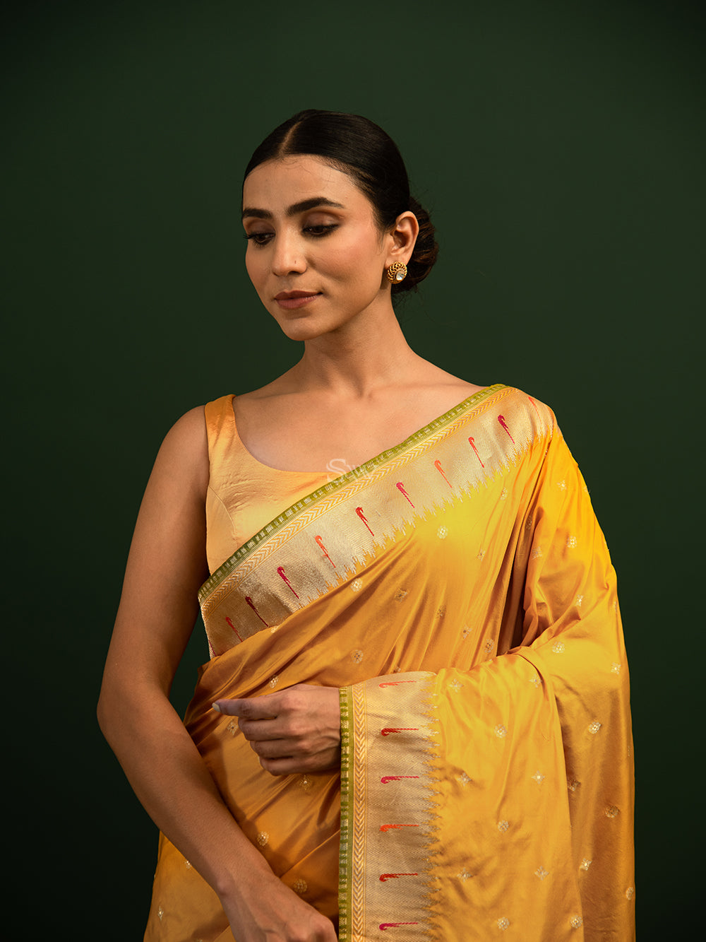 Mustard Paithani Katan Silk Handloom Banarasi Saree - Sacred Weaves