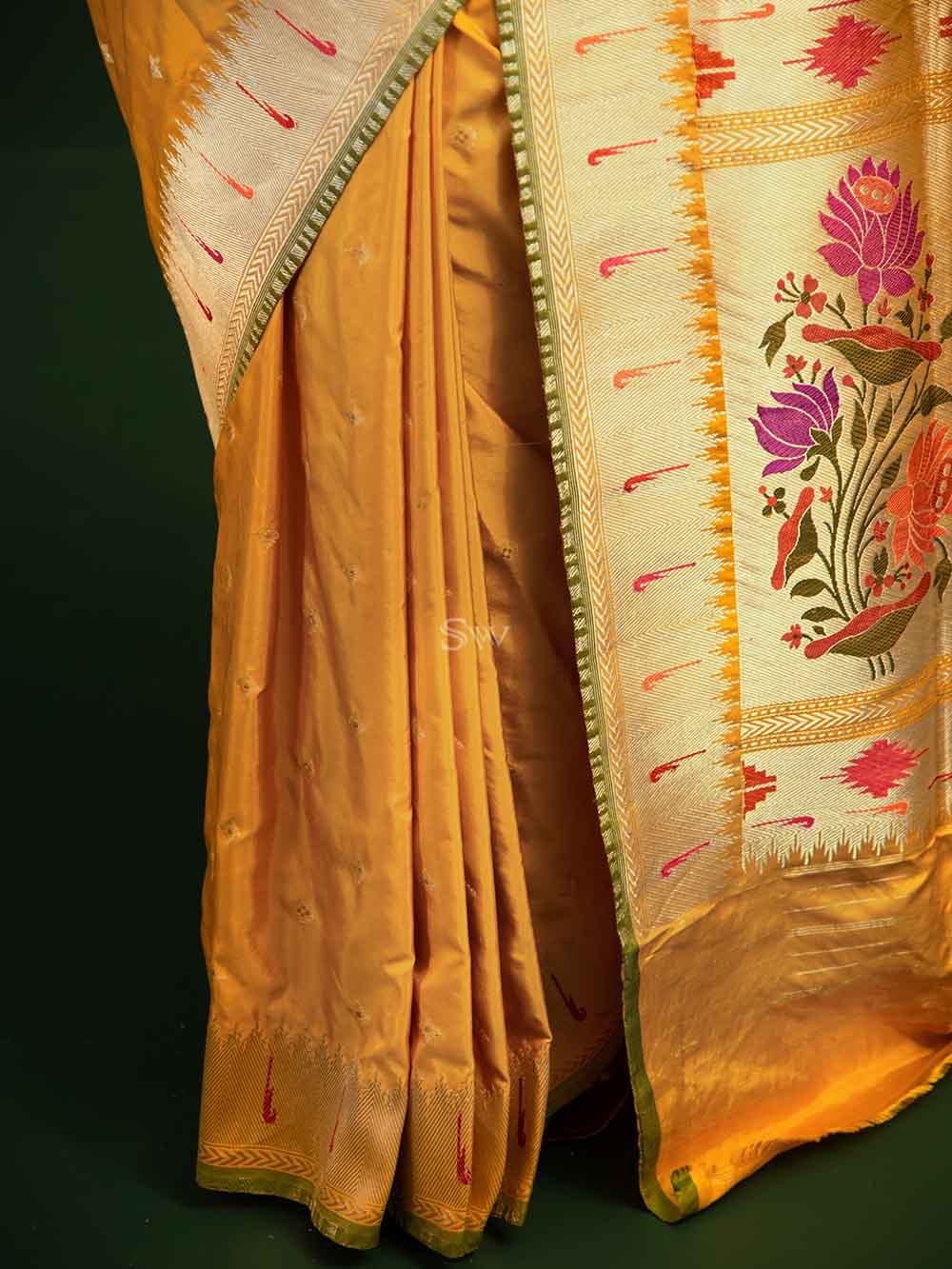 Mustard Paithani Katan Silk Handloom Banarasi Saree - Sacred Weaves