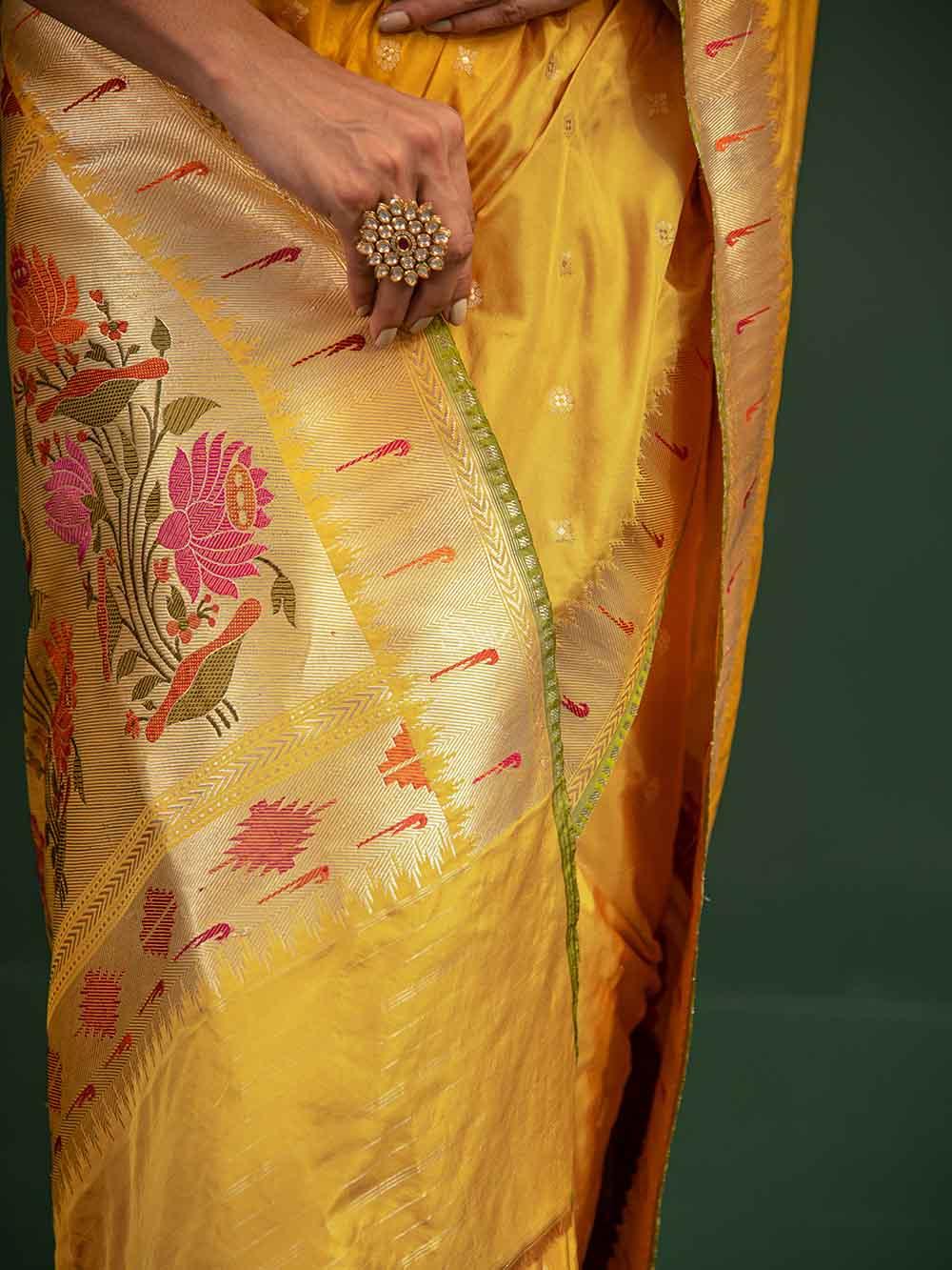 Mustard Paithani Katan Silk Handloom Banarasi Saree - Sacred Weaves