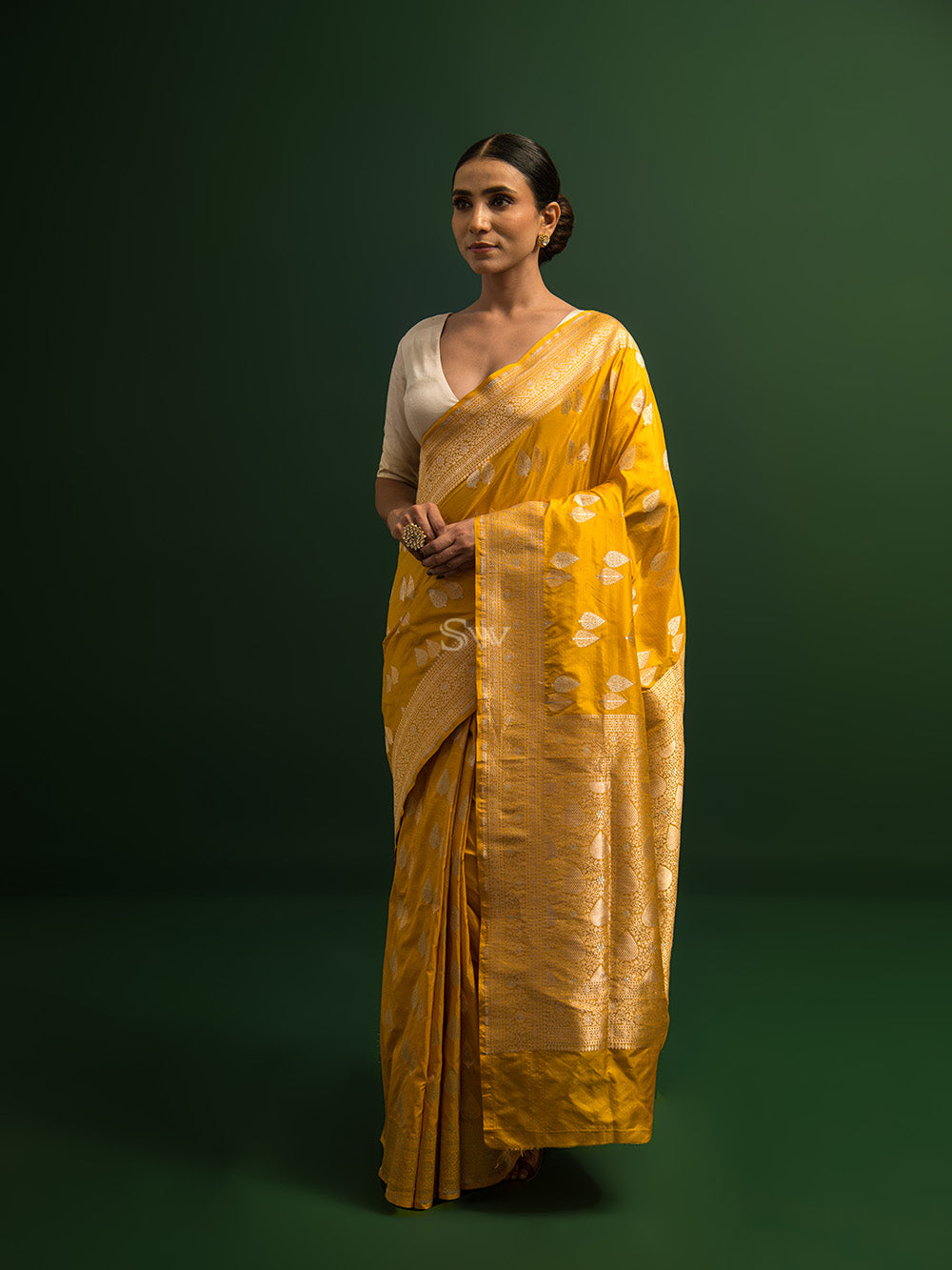 Yellow Booti Katan Silk Handloom Banarasi Saree - Sacred Weaves