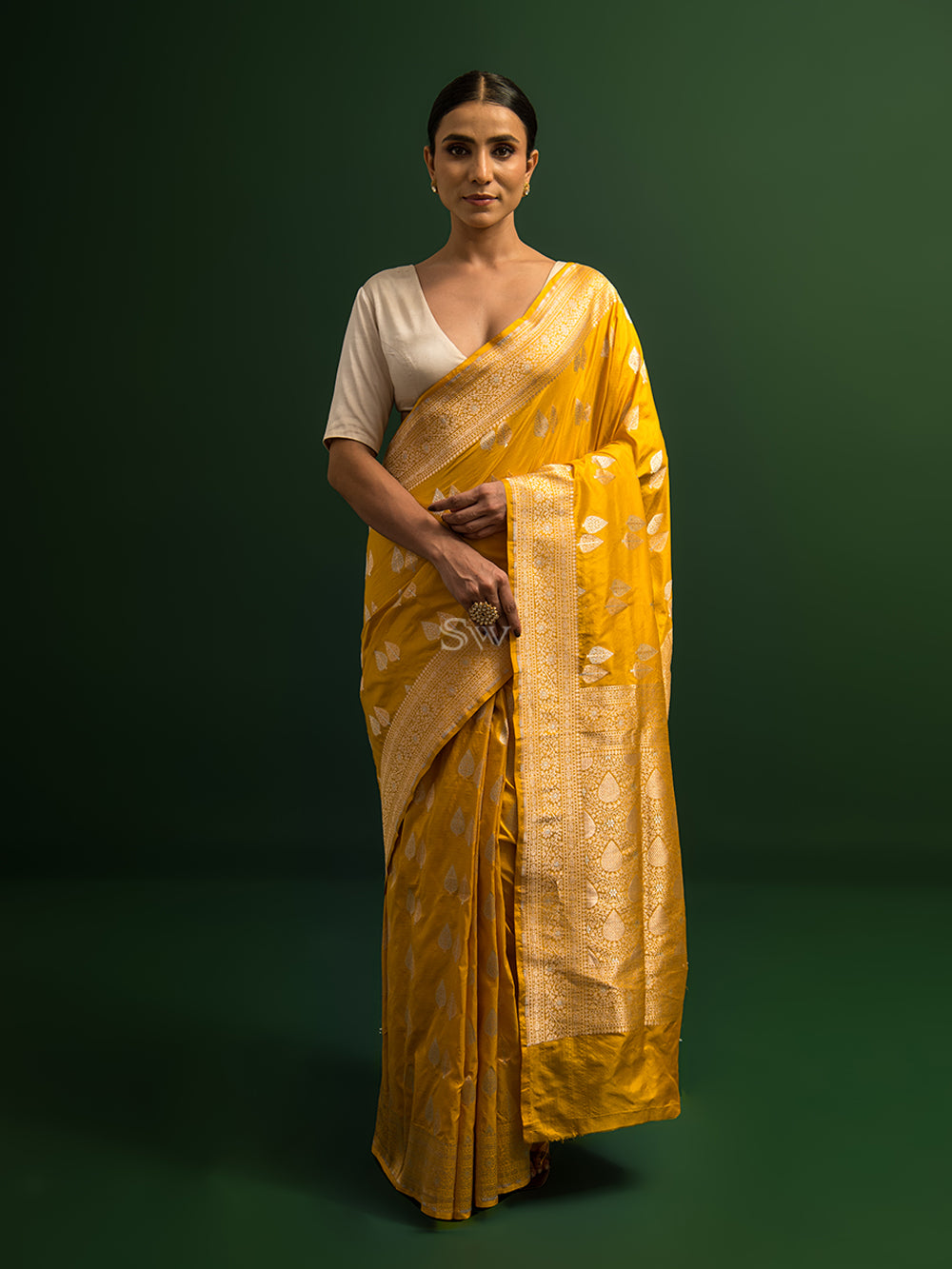 Yellow Booti Katan Silk Handloom Banarasi Saree - Sacred Weaves