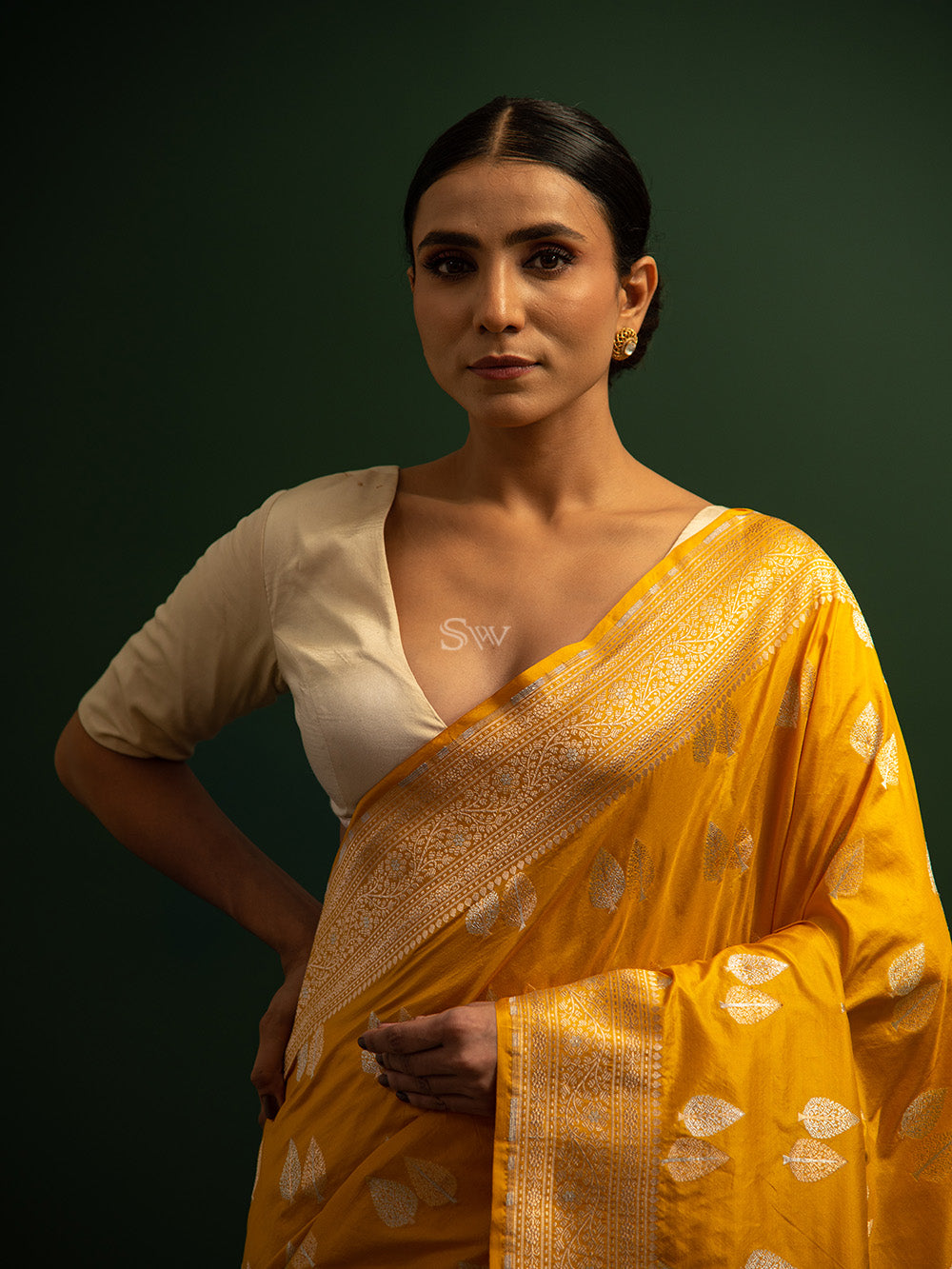 Yellow Booti Katan Silk Handloom Banarasi Saree - Sacred Weaves