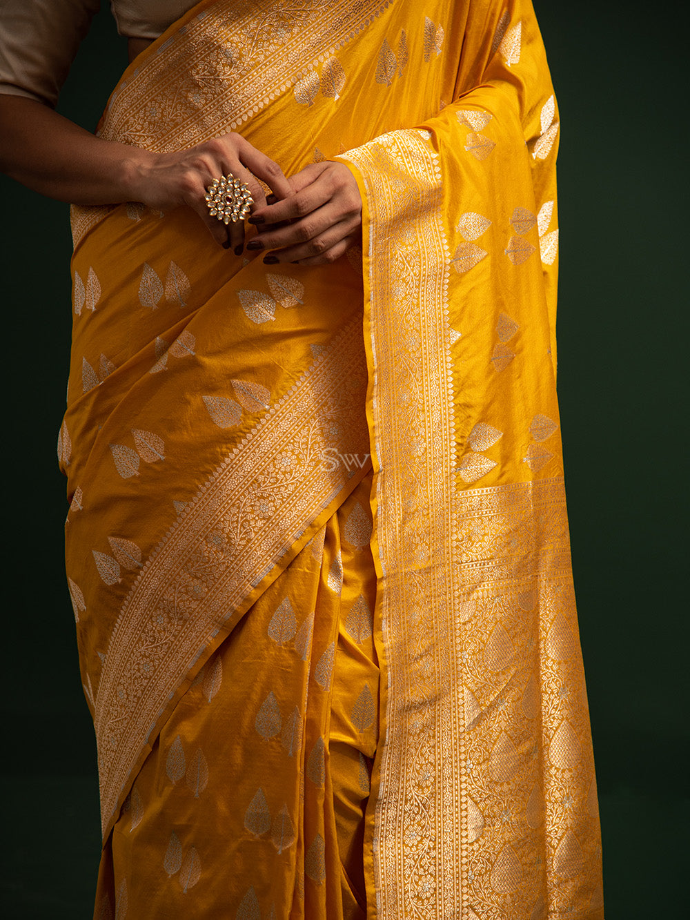 Yellow Booti Katan Silk Handloom Banarasi Saree - Sacred Weaves