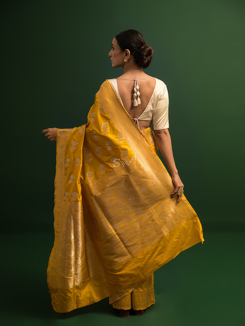 Yellow Booti Katan Silk Handloom Banarasi Saree - Sacred Weaves