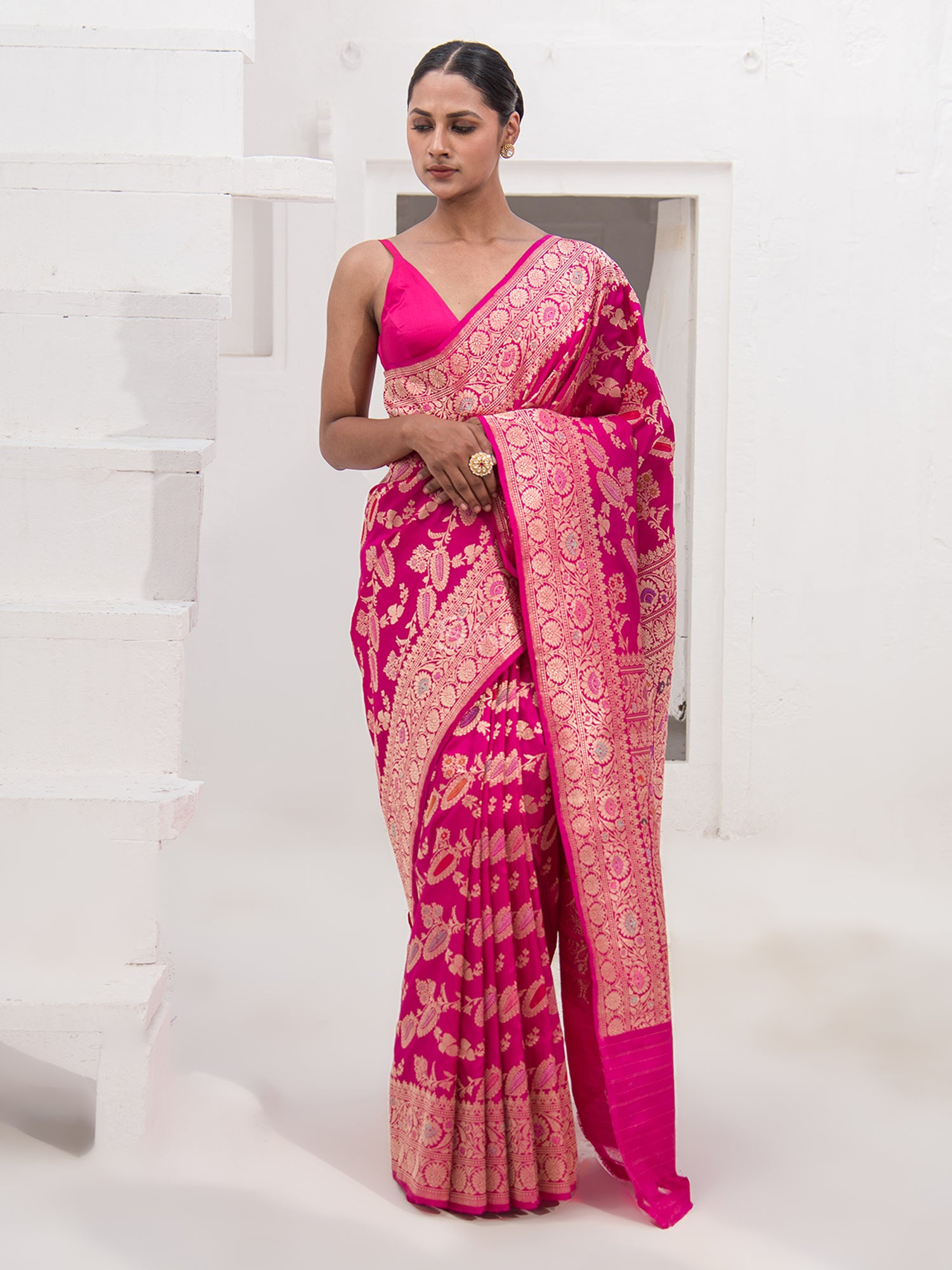 Dark Pink Meenakari Katan Silk Handloom Banarasi Saree - Sacred Weaves