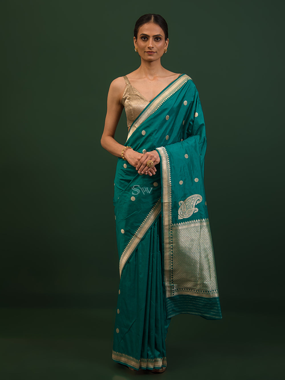 Teal Green Konia Katan Silk Handloom Banarasi Saree - Sacred Weaves