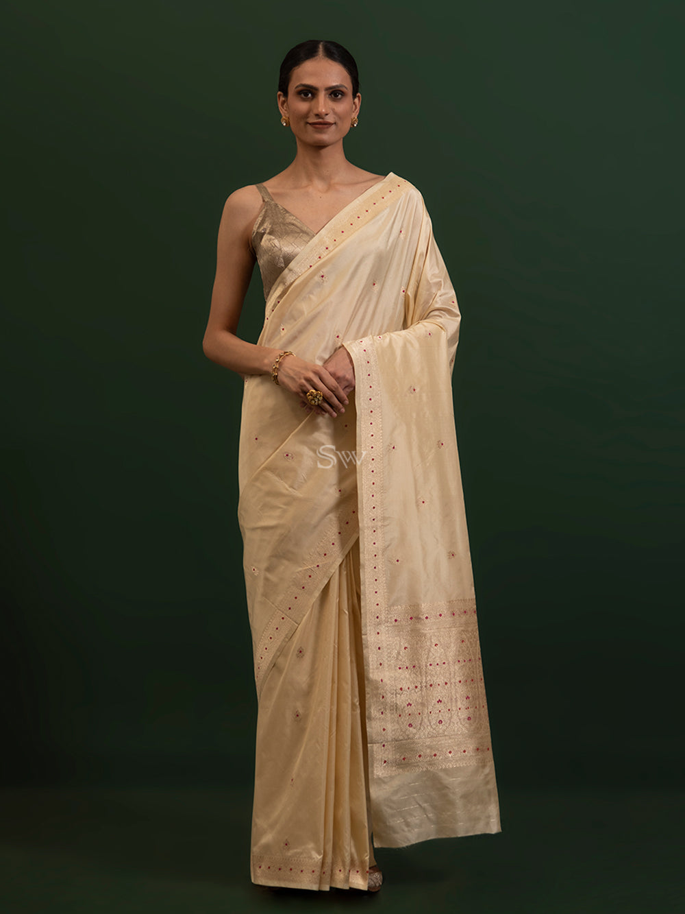 Beige Meenakari Katan Silk Handloom Banarasi Saree - Sacred Weaves