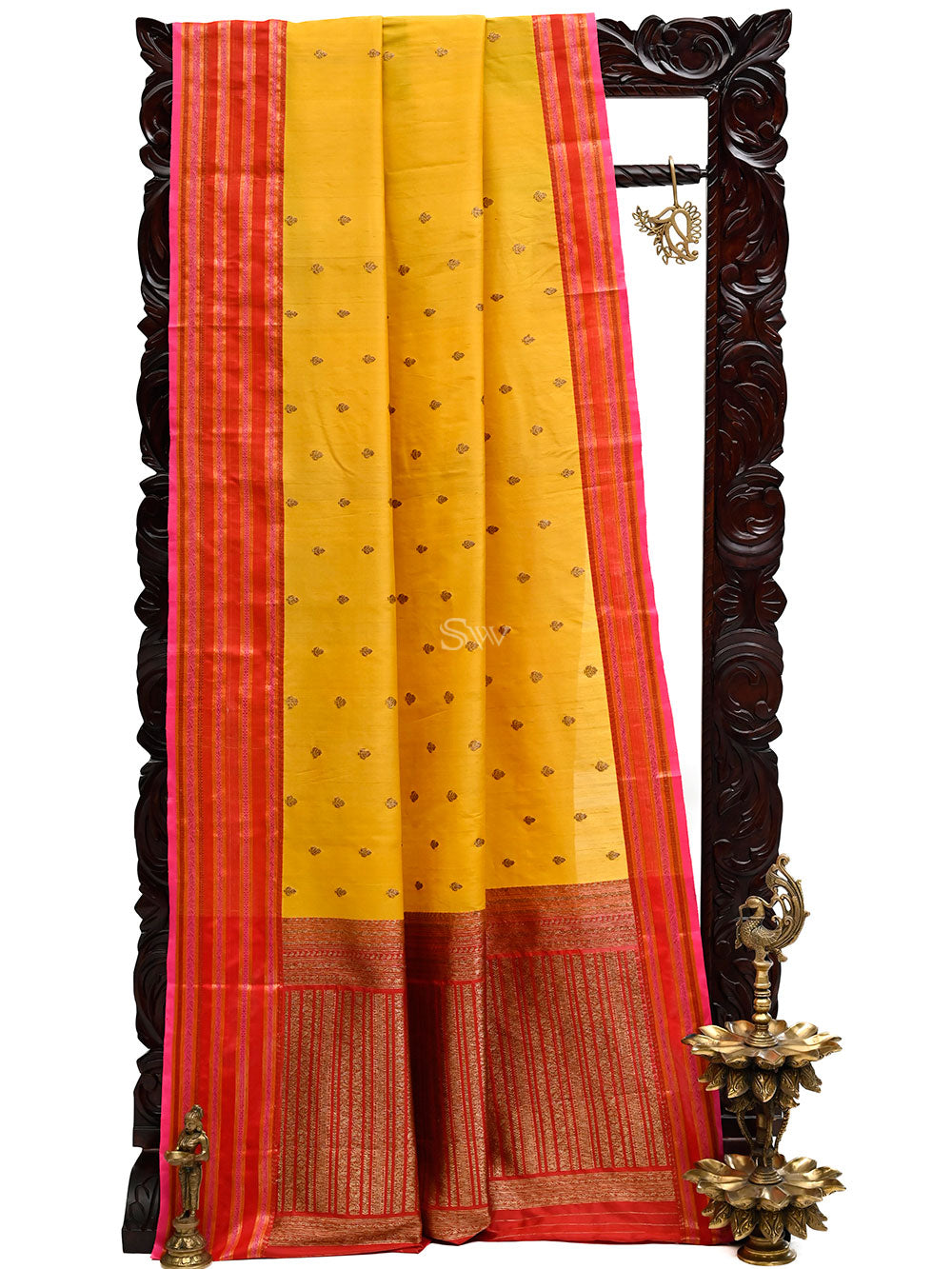 Mustard Booti Tussar Silk Handloom Banarasi Saree - Sacred Weaves