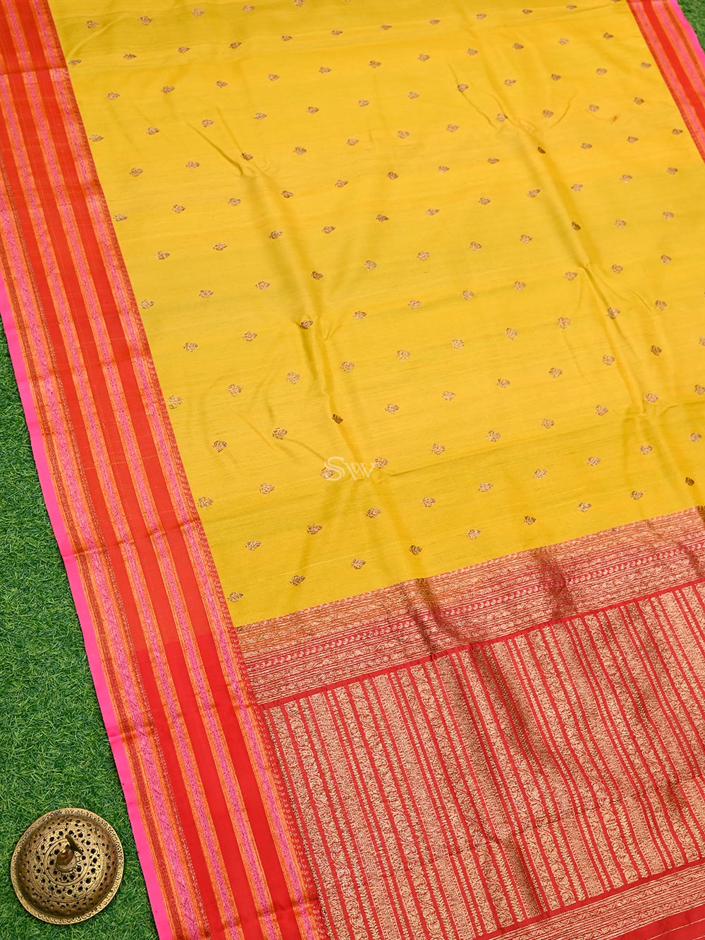 Mustard Booti Tussar Silk Handloom Banarasi Saree - Sacred Weaves