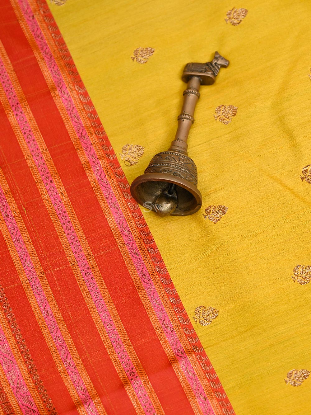 Mustard Booti Tussar Silk Handloom Banarasi Saree - Sacred Weaves