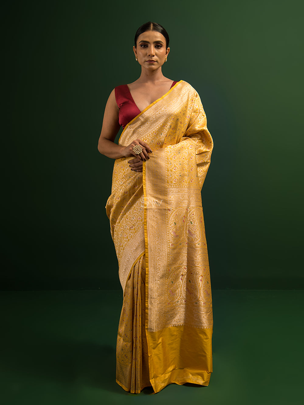 Yellow Shikargah Katan Silk Handloom Banarasi Saree - Sacred Weaves