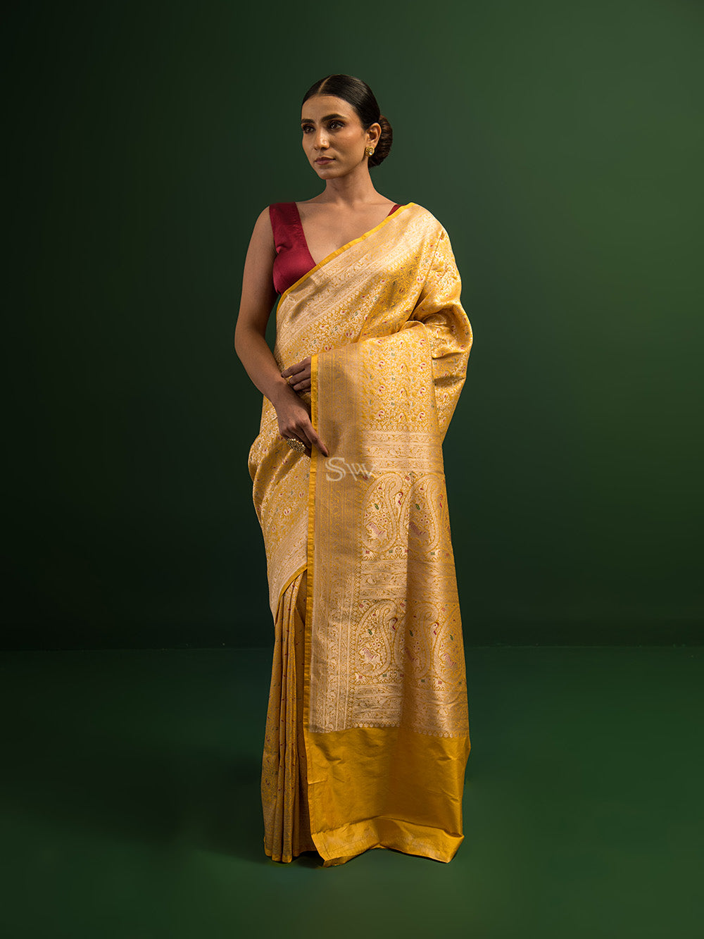 Yellow Shikargah Katan Silk Handloom Banarasi Saree - Sacred Weaves