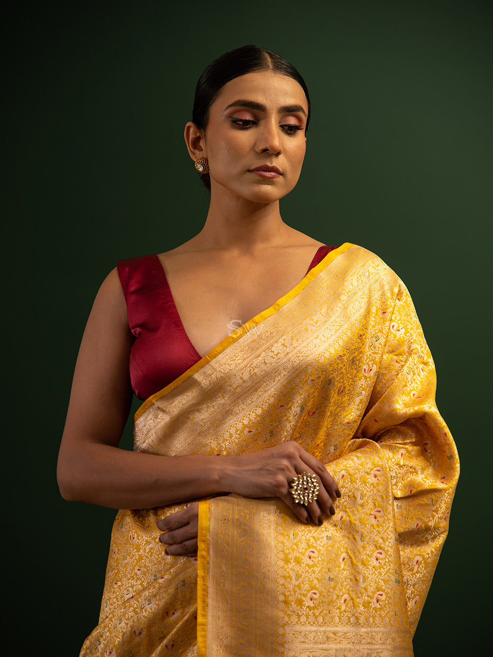 Yellow Shikargah Katan Silk Handloom Banarasi Saree - Sacred Weaves