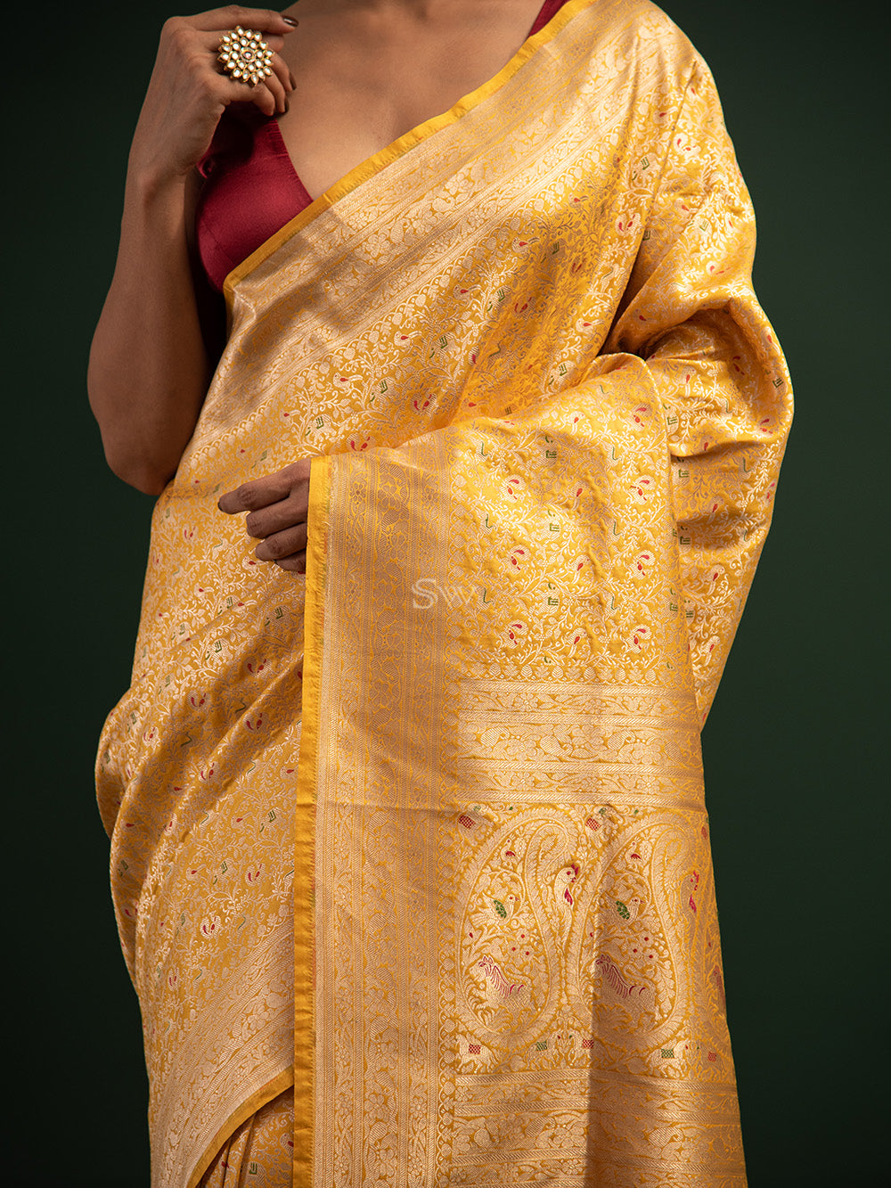 Yellow Shikargah Katan Silk Handloom Banarasi Saree - Sacred Weaves