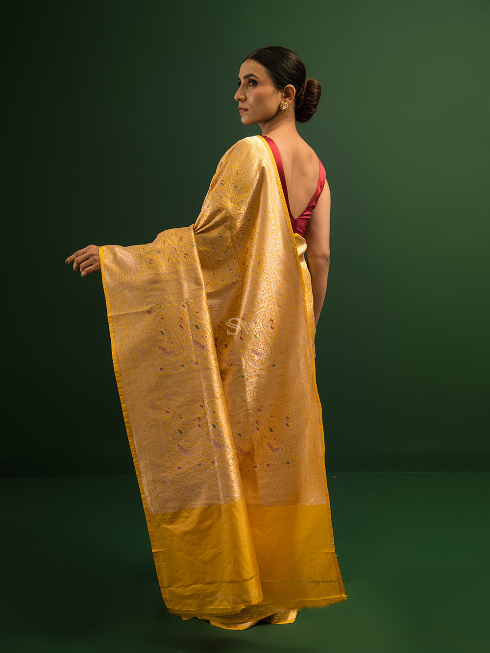 Yellow Shikargah Katan Silk Handloom Banarasi Saree - Sacred Weaves