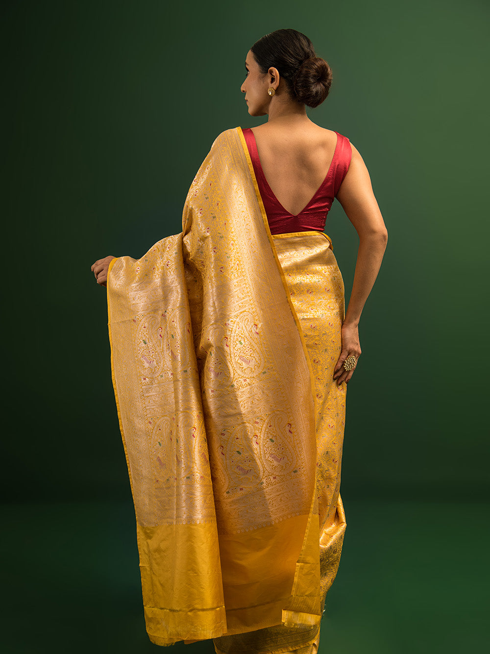 Yellow Shikargah Katan Silk Handloom Banarasi Saree - Sacred Weaves
