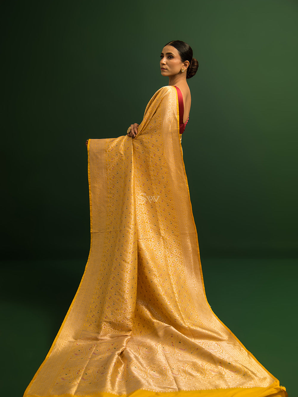 Yellow Shikargah Katan Silk Handloom Banarasi Saree - Sacred Weaves