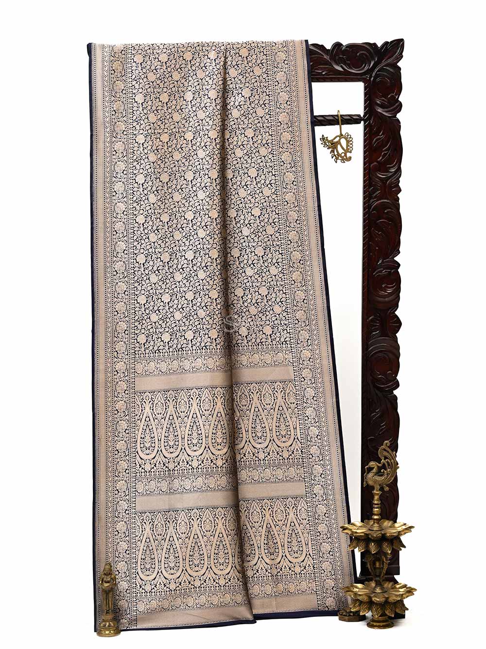 Midnight Blue Katan Silk Brocade Handloom Banarasi Saree - Sacred Weaves