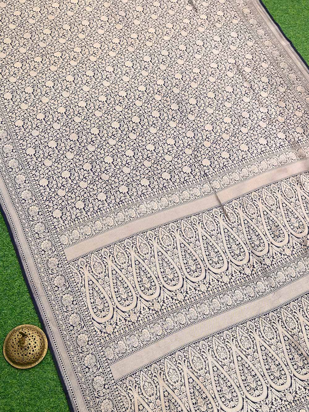 Midnight Blue Katan Silk Brocade Handloom Banarasi Saree - Sacred Weaves