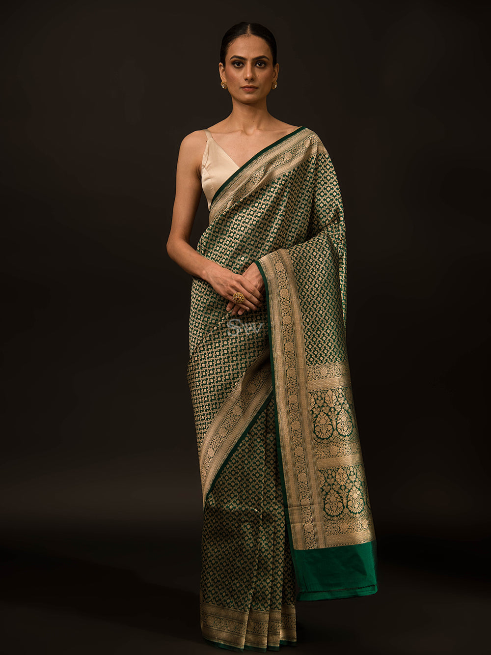 Bottle Green Katan Silk Brocade Handloom Banarasi Saree - Sacred Weaves