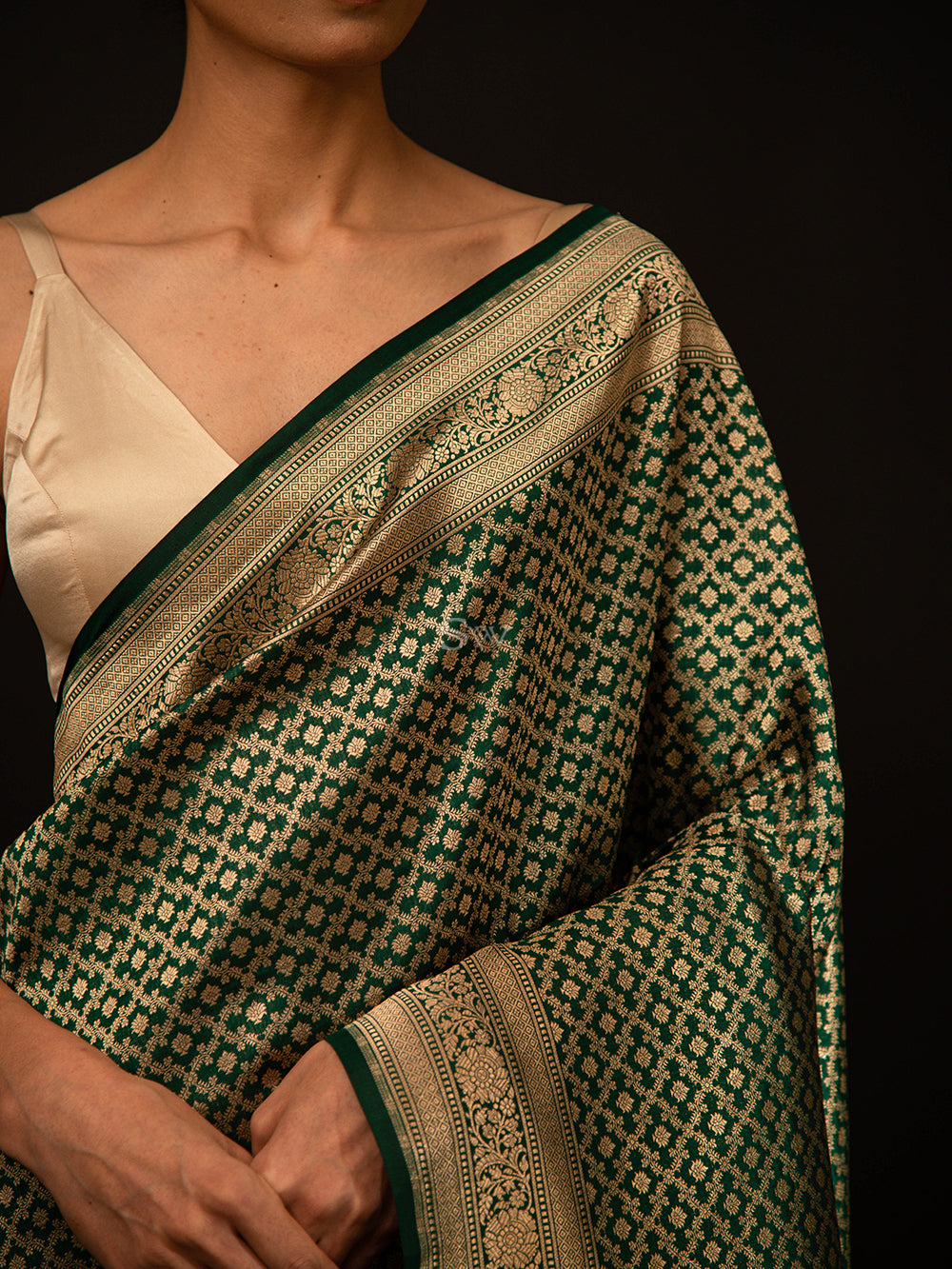 Bottle Green Katan Silk Brocade Handloom Banarasi Saree - Sacred Weaves