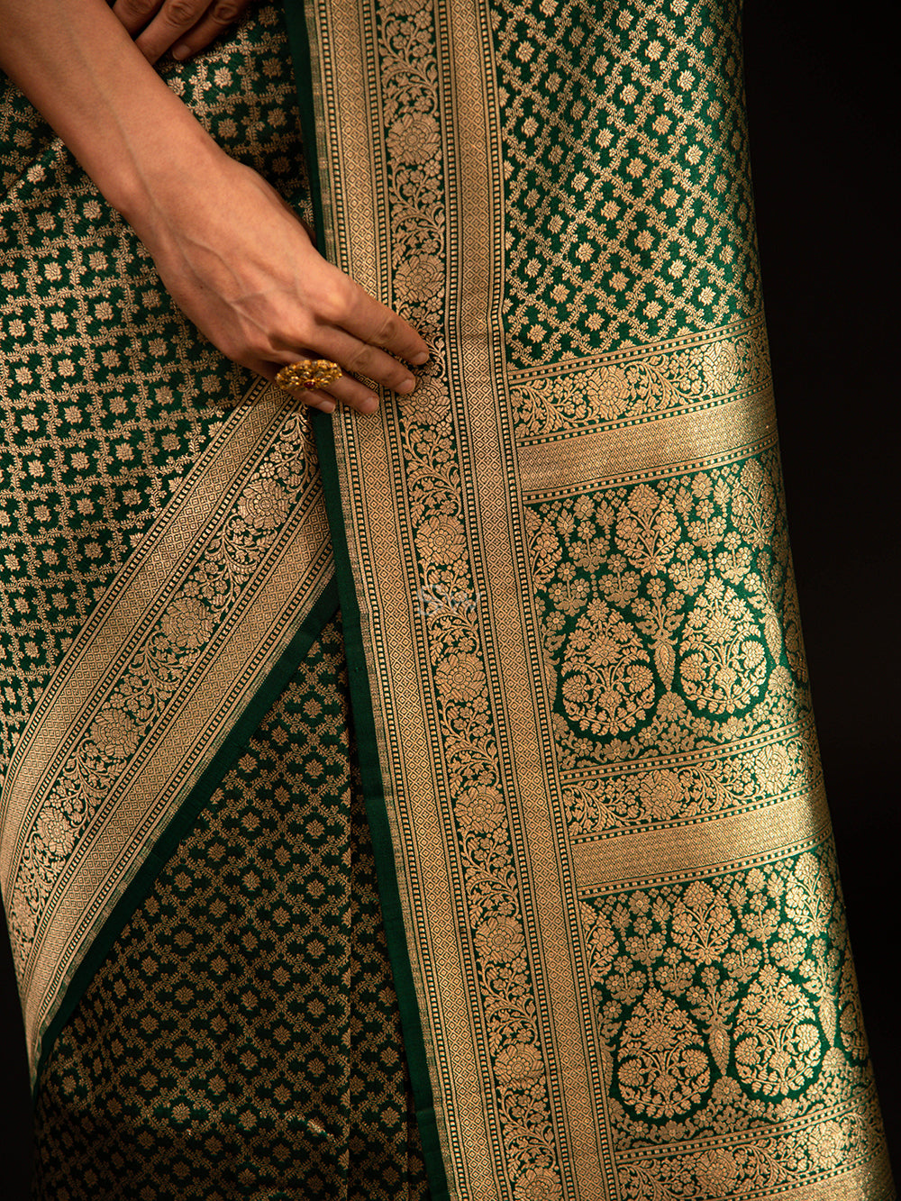 Bottle Green Katan Silk Brocade Handloom Banarasi Saree - Sacred Weaves