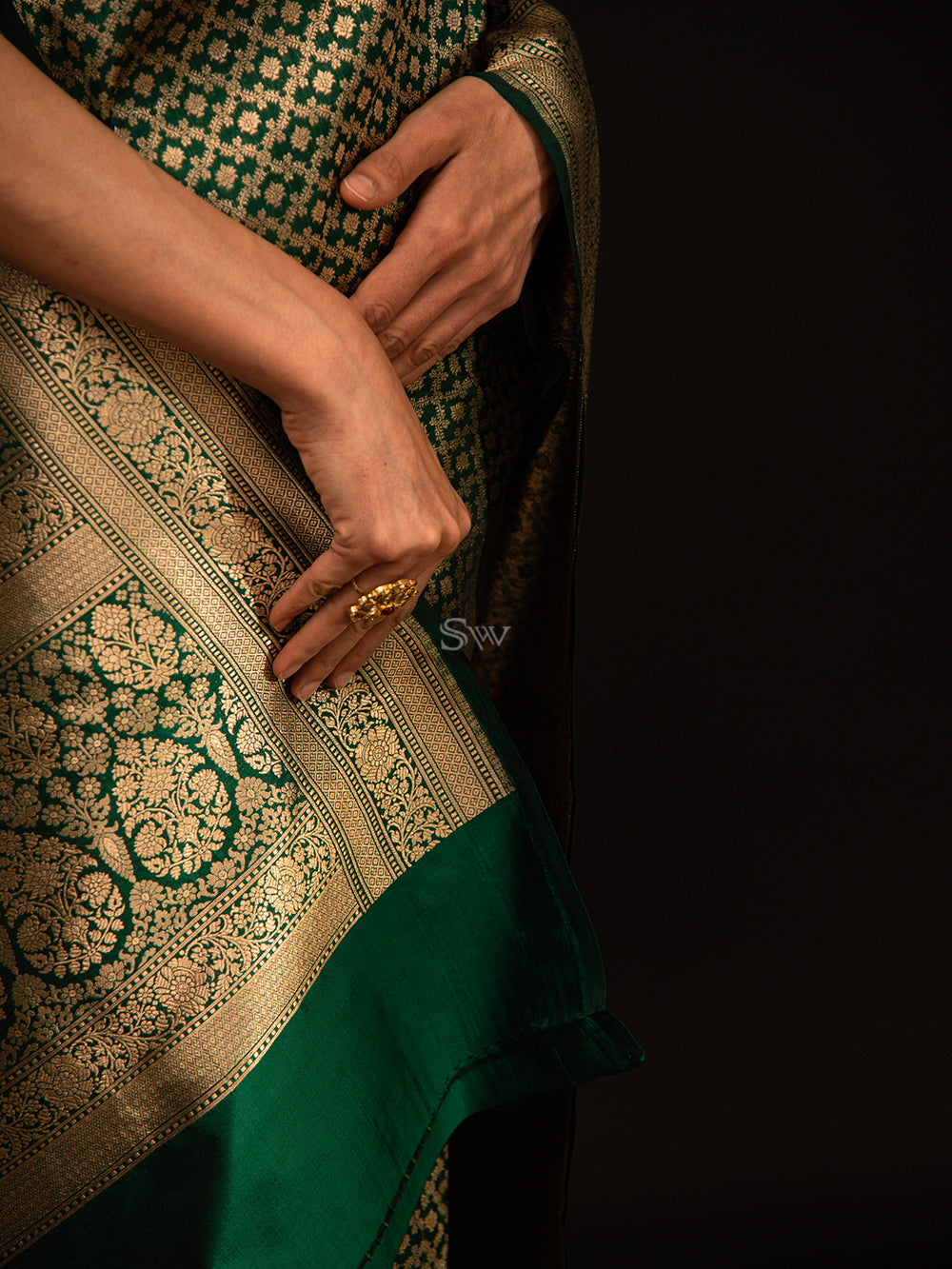 Bottle Green Katan Silk Brocade Handloom Banarasi Saree - Sacred Weaves