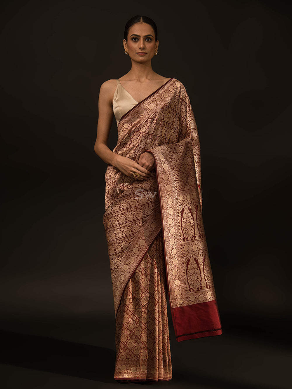 Maroon Katan Silk Brocade Handloom Banarasi Saree - Sacred Weaves