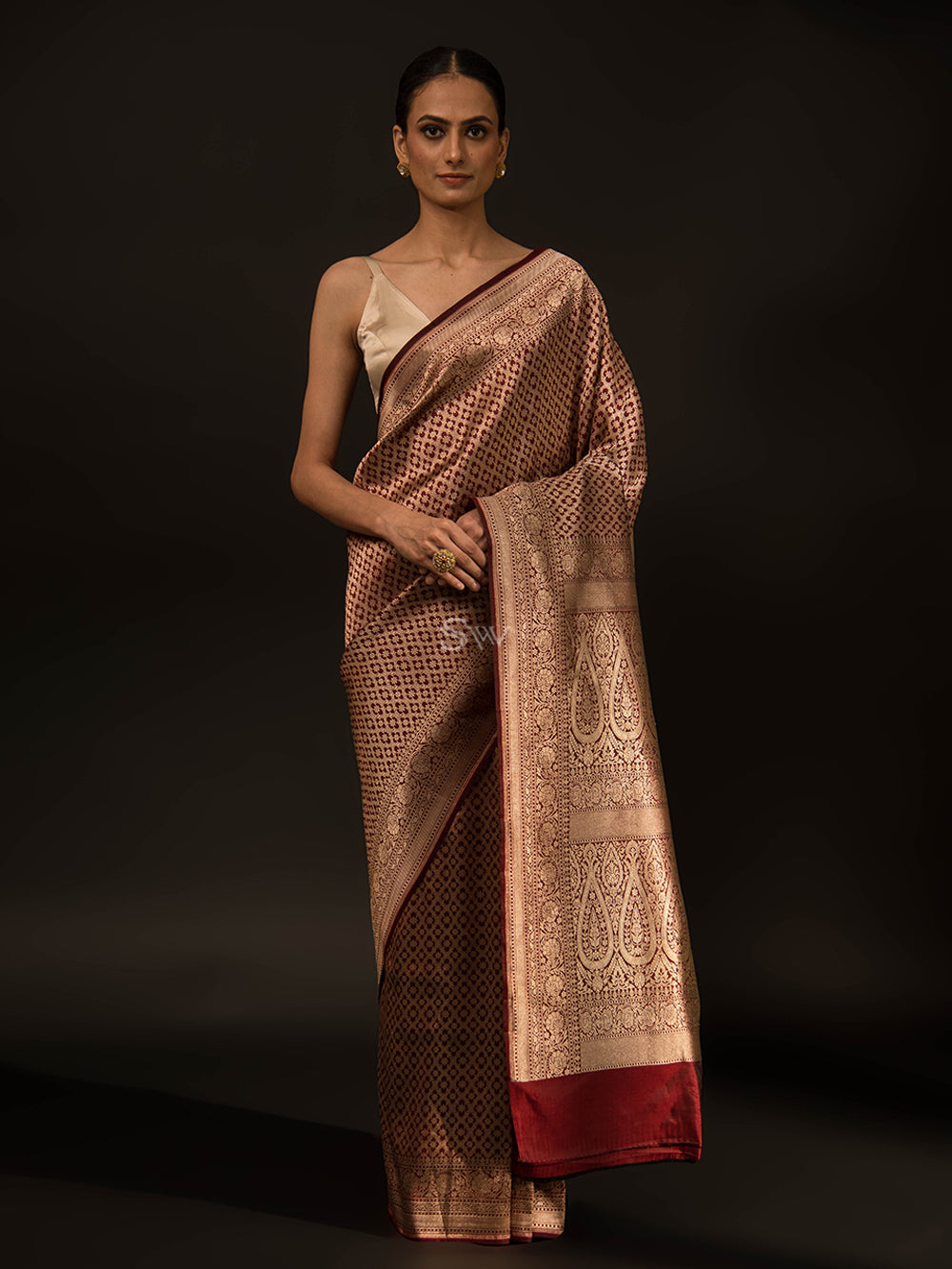 Maroon Katan Silk Brocade Handloom Banarasi Saree - Sacred Weaves