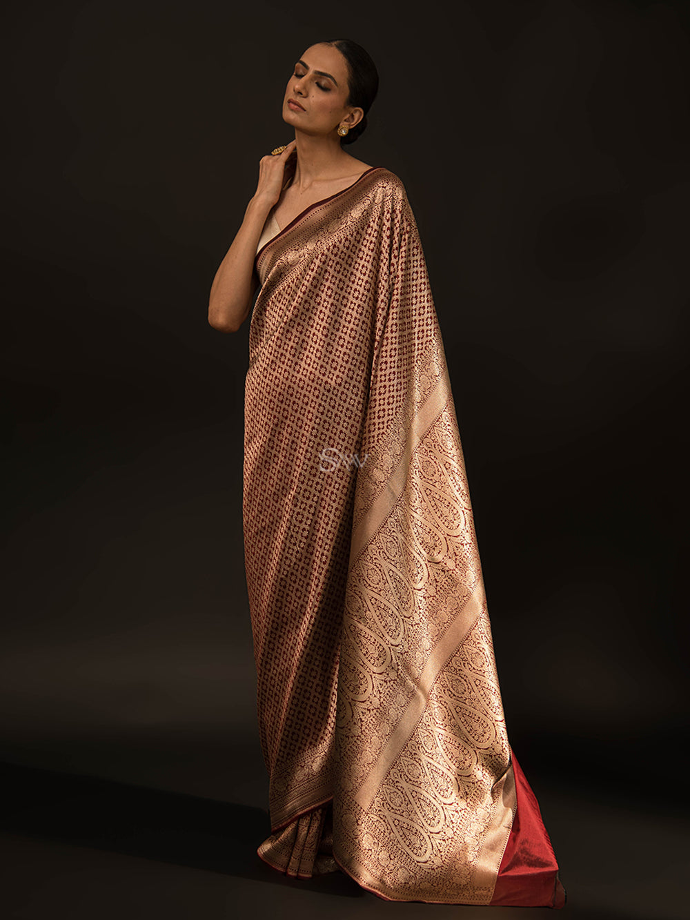 Maroon Katan Silk Brocade Handloom Banarasi Saree - Sacred Weaves