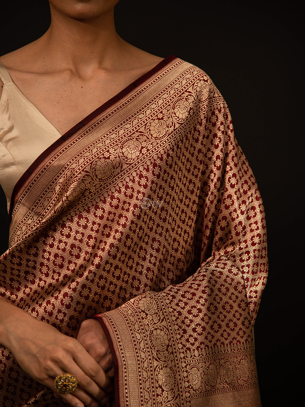 Maroon Katan Silk Brocade Handloom Banarasi Saree - Sacred Weaves