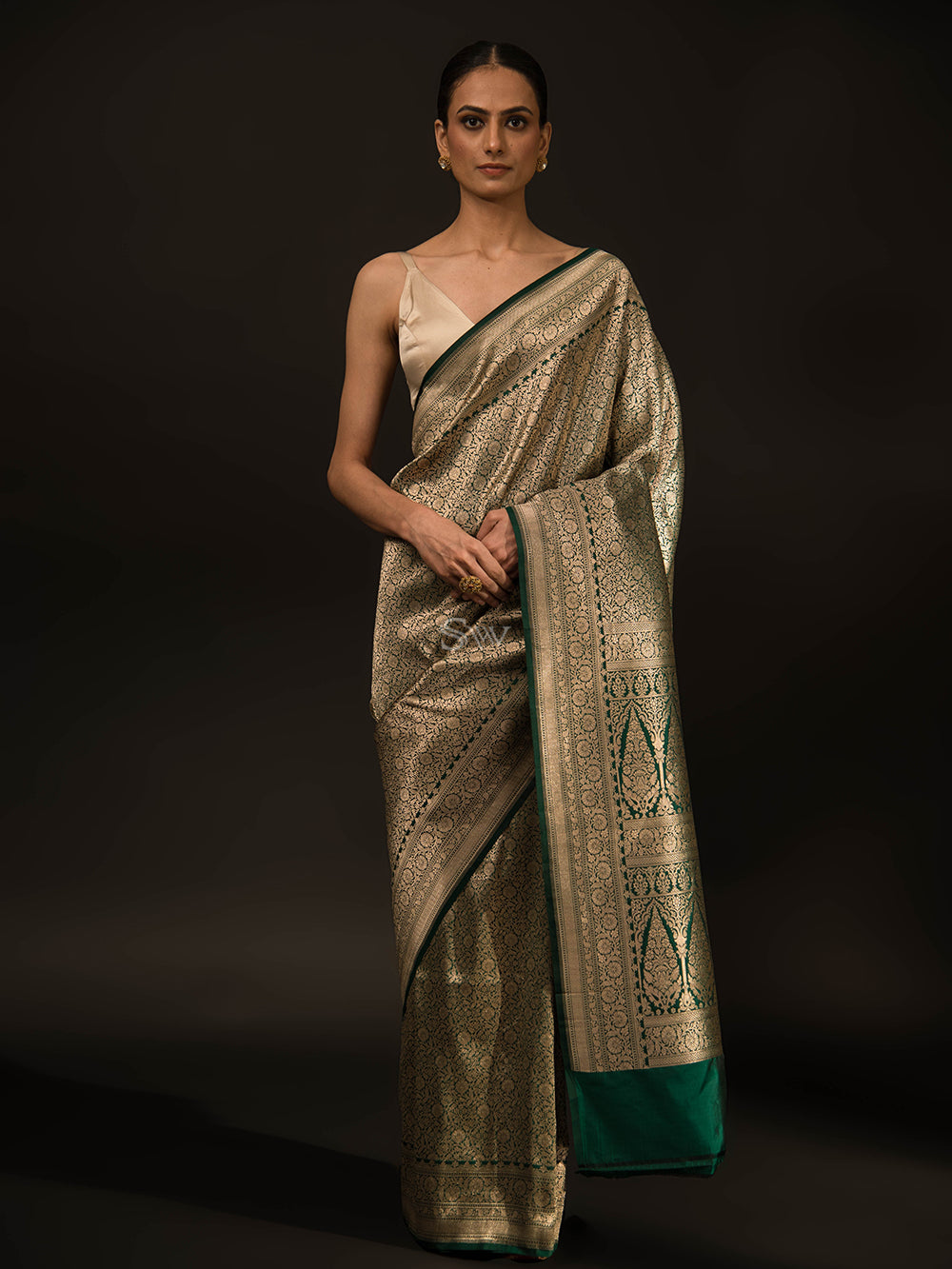 Bottle Green Katan Silk Brocade Handloom Banarasi Saree - Sacred Weaves