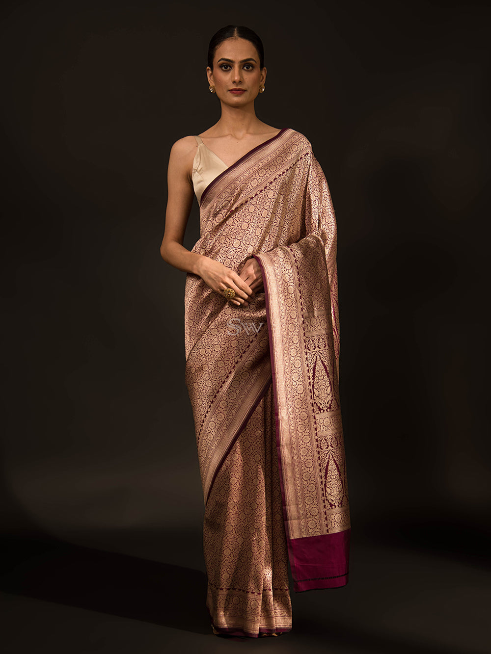 Wine Katan Silk Brocade Handloom Banarasi Saree - Sacred Weaves
