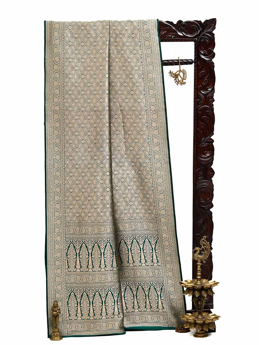 Bottle Green Katan Silk Brocade Handloom Banarasi Saree - Sacred Weaves